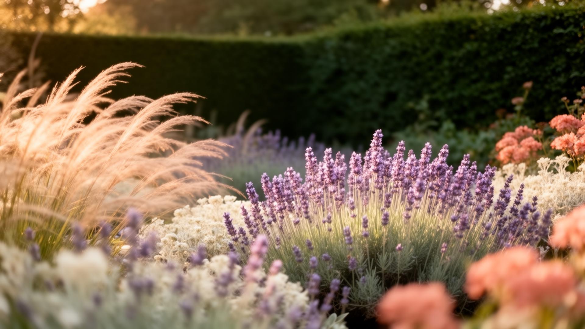 Lavender, ornamental grasses and yarrow in a soft-focus English garden border at golden hour